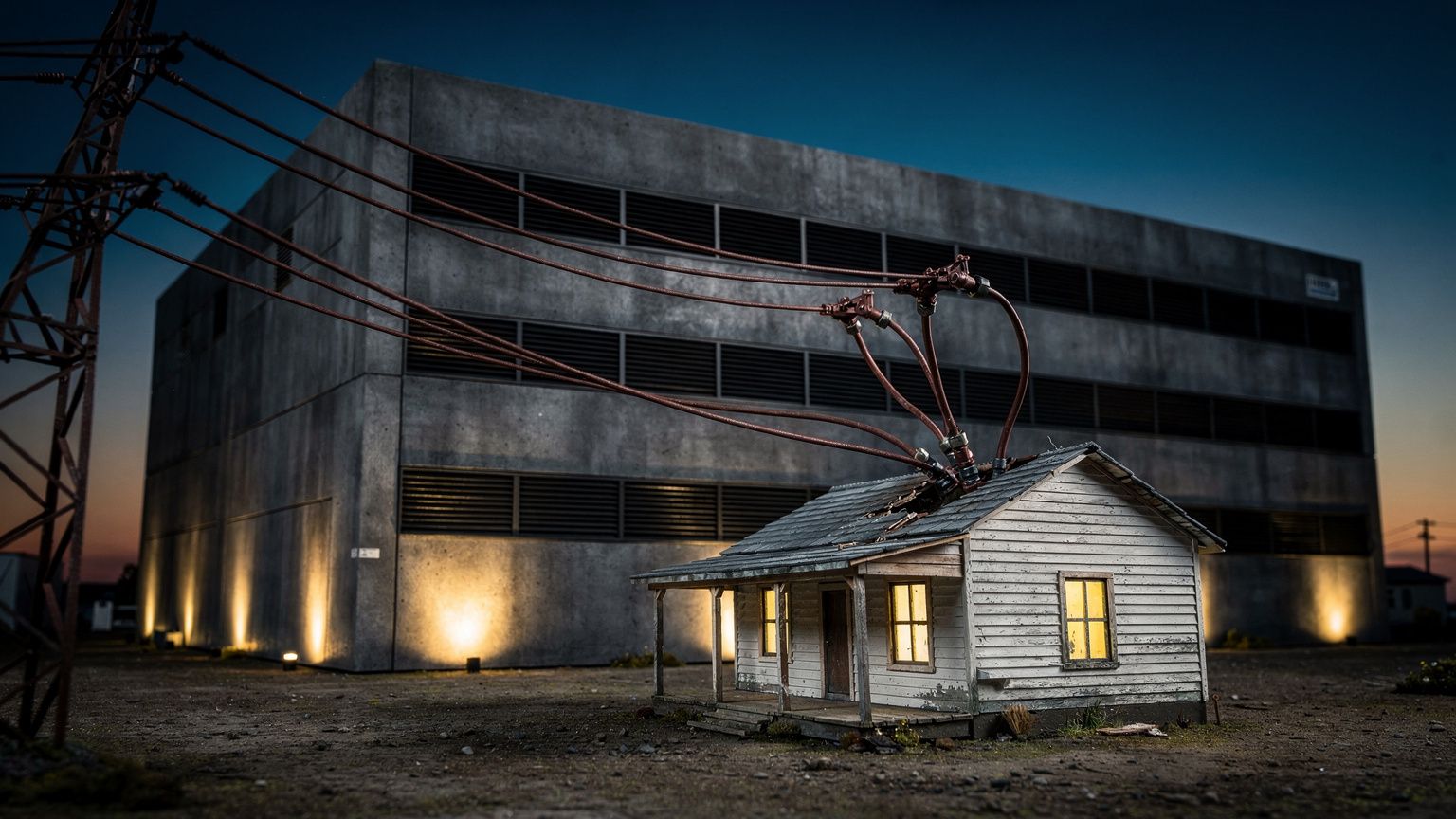 A hulking charcoal-gray data center building, blank and windowless with louvered cooling vents, looms over a small off-white clapboard house at dusk, thick rust-red power lines sagging from a steel tr