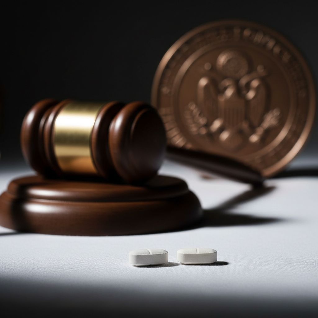 Two mifepristone pills rest on a sterile white surface, a gavel and a blurred US Supreme Court seal visible in the background under harsh, dramatic lighting, low-angle shot emphasizing the contentious