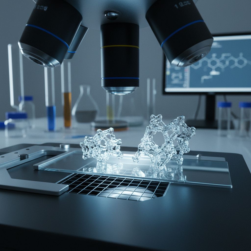 Microscopic view of psilocybin molecules on a sterile laboratory slide, illuminated by cool, focused overhead lighting, suggesting rigorous scientific inquiry, shallow depth of field with the molecule