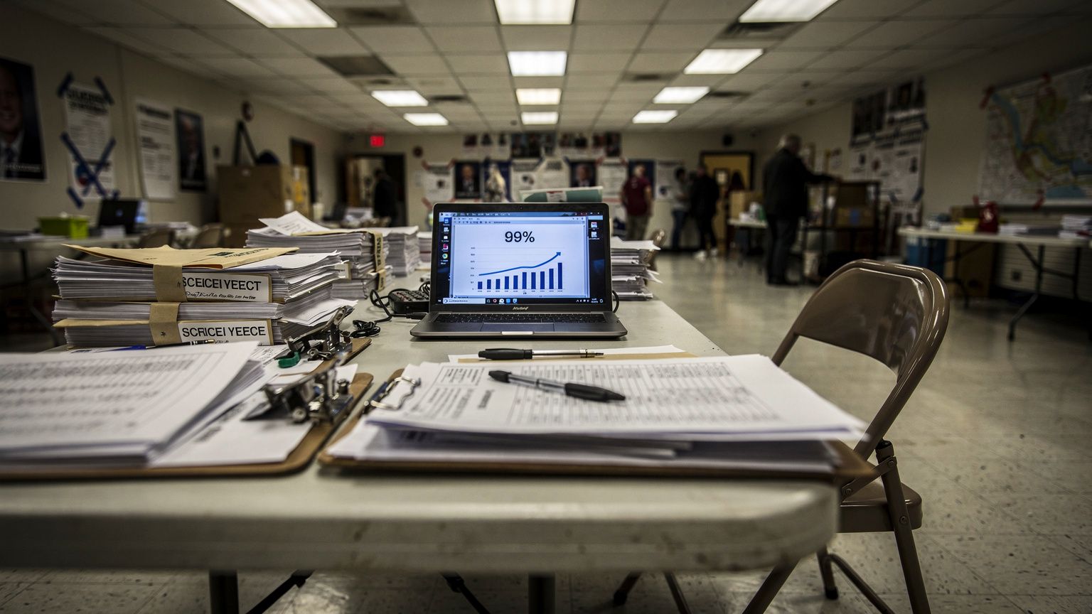 A long municipal tally table in a Calgary election headquarters hall, stacks of paper result sheets and a glowing laptop showing a rising percentage chart, an empty folding chair pushed back, harsh ov