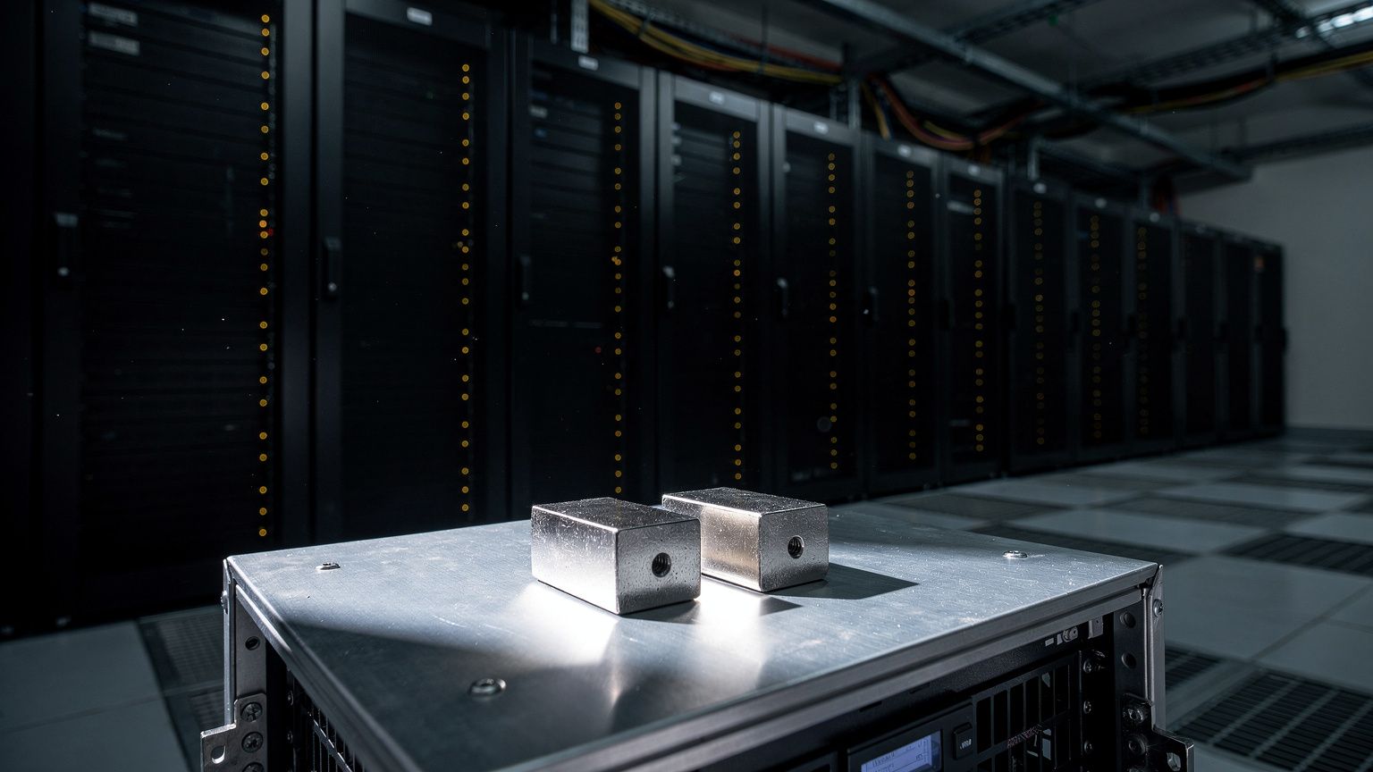 A dense row of black AI data center server racks glowing with amber status LEDs inside a cold, dim colocation hall, and in the sharp foreground on a brushed steel tray sit two palm-sized rare-earth ne