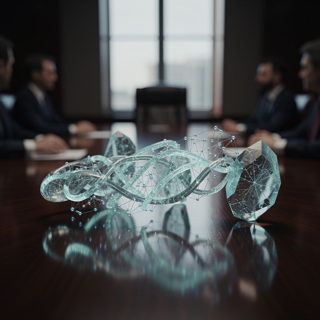 A sleek, abstract representation of Anthropic AI models, perhaps glowing neural network patterns or crystalline structures, rests on a polished mahogany desk in a dimly lit, high-stakes negotiation ro