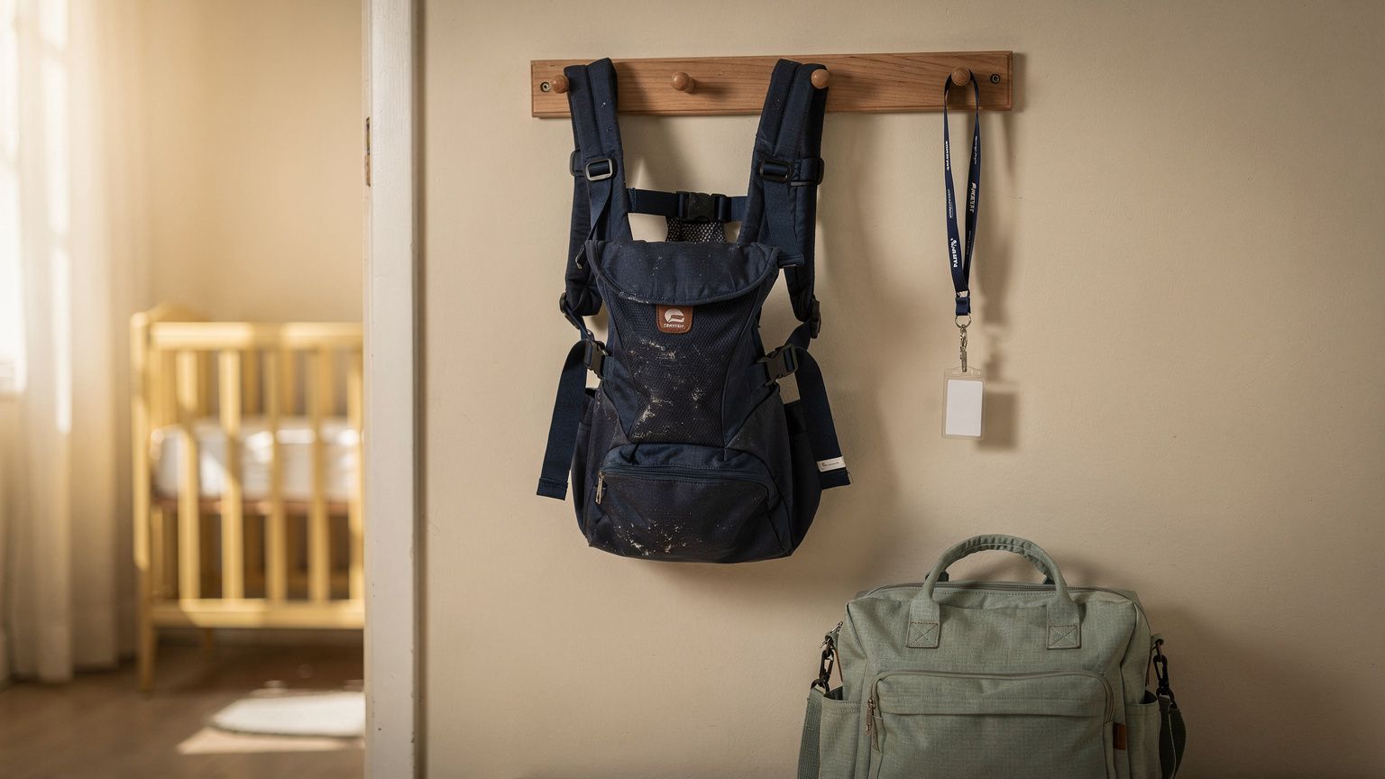 A well-worn muted navy baby carrier, sized for a broad-shouldered adult, hangs on a wooden wall hook in a warm cream hallway, buckles open and ready, while on the neighbouring hook a man's office lany