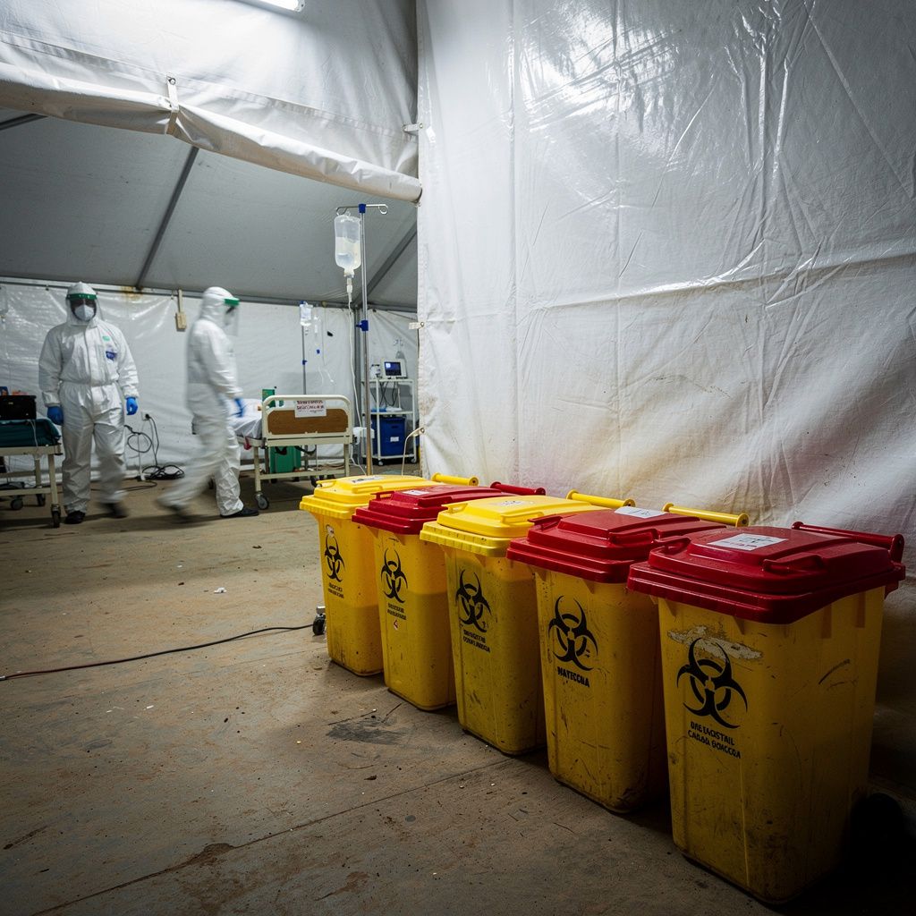 An Ebola treatment center in the Democratic Republic of the Congo, with medical personnel in hazmat suits working urgently in the background, blurred and out of focus, while a sterile isolation tent a