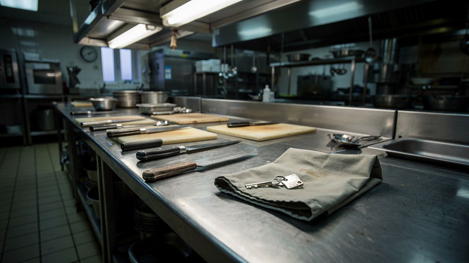 An empty commercial kitchen prep station at dawn, knives and cutting boards abandoned mid-shift, a folded apron and a small locker key left on the stainless steel counter, harsh overhead fluorescent l