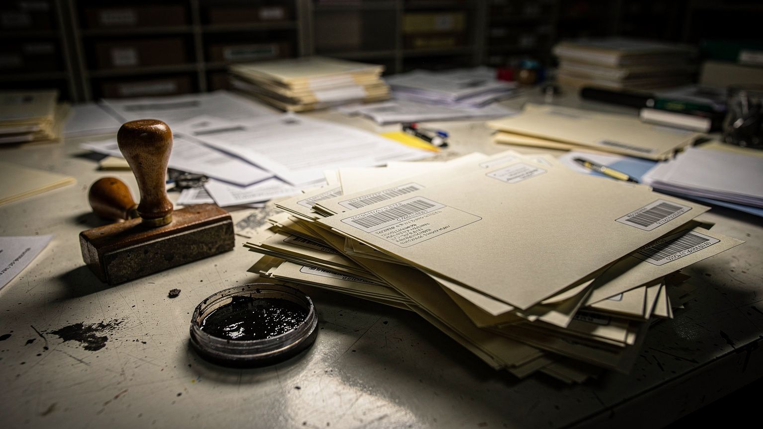 A stack of mail-in ballot envelopes with printed barcodes lies on a cluttered sorting table under harsh fluorescent light, a rubber stamp and ink pad nearby, deep shadows emphasizing the contentious m
