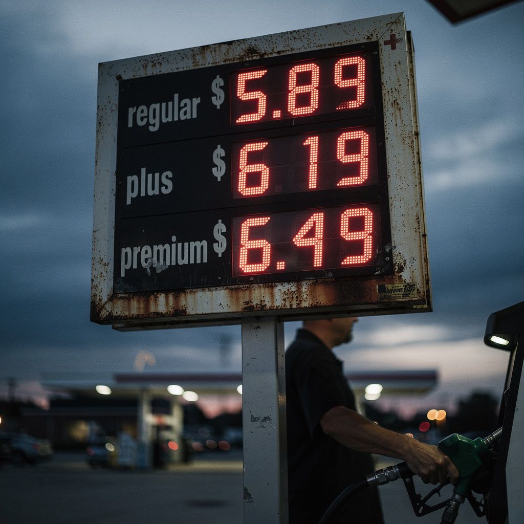 A stark, weathered gasoline price sign displaying high numbers stands against a darkening sky, its red digits glowing ominously, a blurry, out-of-focus hand reaching to pump gas in the background, sho
