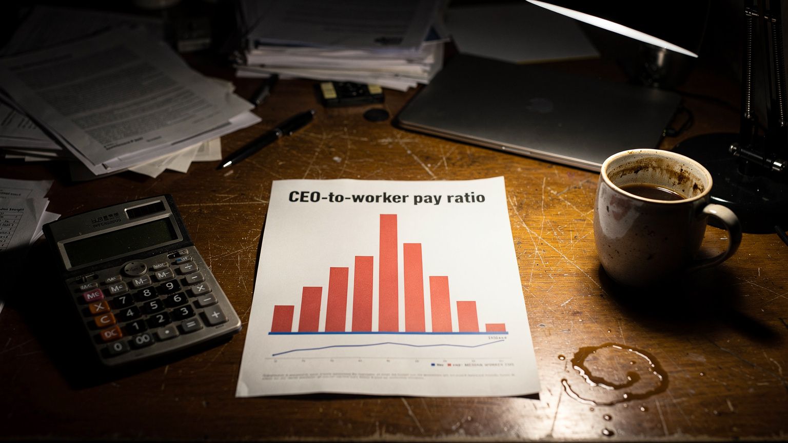 A wide-angle 16:9 shot of a cluttered office desk in low, harsh light, where a single printed bar chart titled 'CEO-to-worker pay ratio' lies face-up, its towering red bars dwarfing a thin blue line f