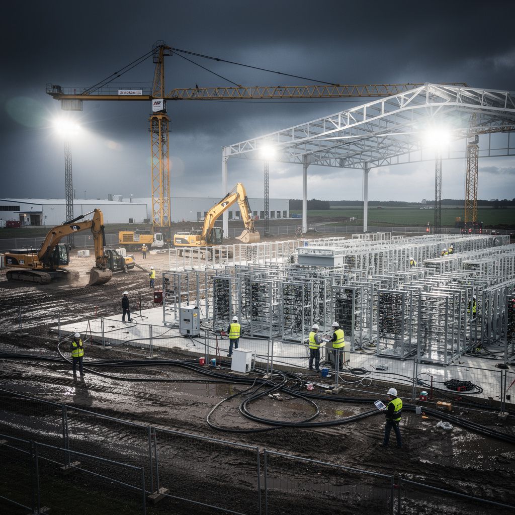 An urgent, wide-angle view of a vast AI data center construction site in Hauts-de-France, with partially assembled server racks and heavy machinery under harsh, dramatic lighting, conveying a sense of