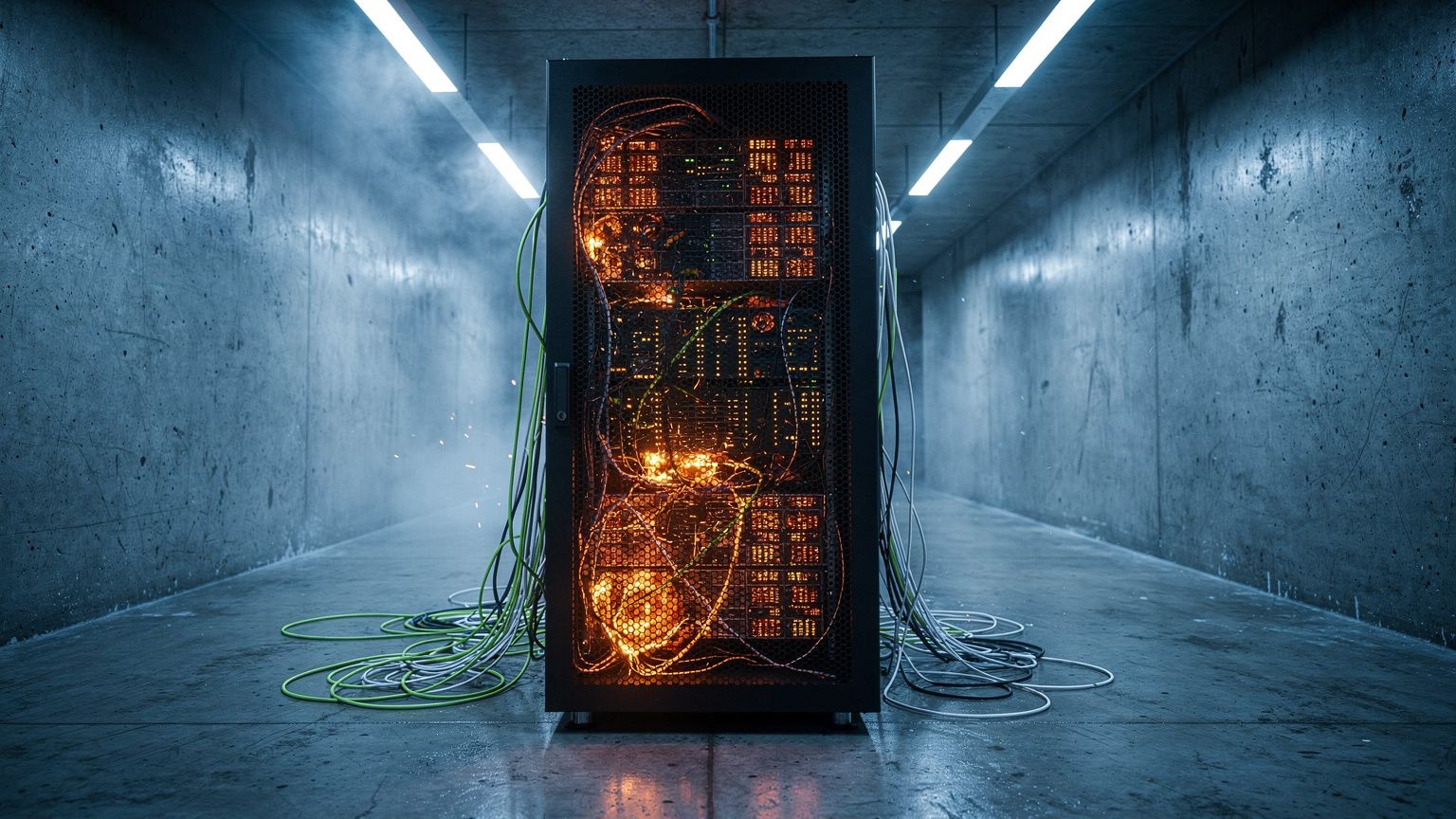 A single tall AI data center server rack in a cold Utah facility, rows of processors glowing hot orange through perforated black panels, tangled fiber-optic cables catching the light, no people in fra