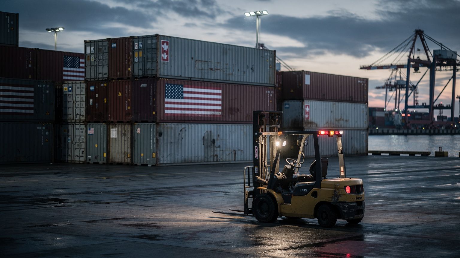 A wide-angle shot of a Canadian port at dusk, stacked cargo containers bearing U.S. flags and shipping labels sit under cold floodlights, a lone forklift idles in the foreground, the scene bathed in h