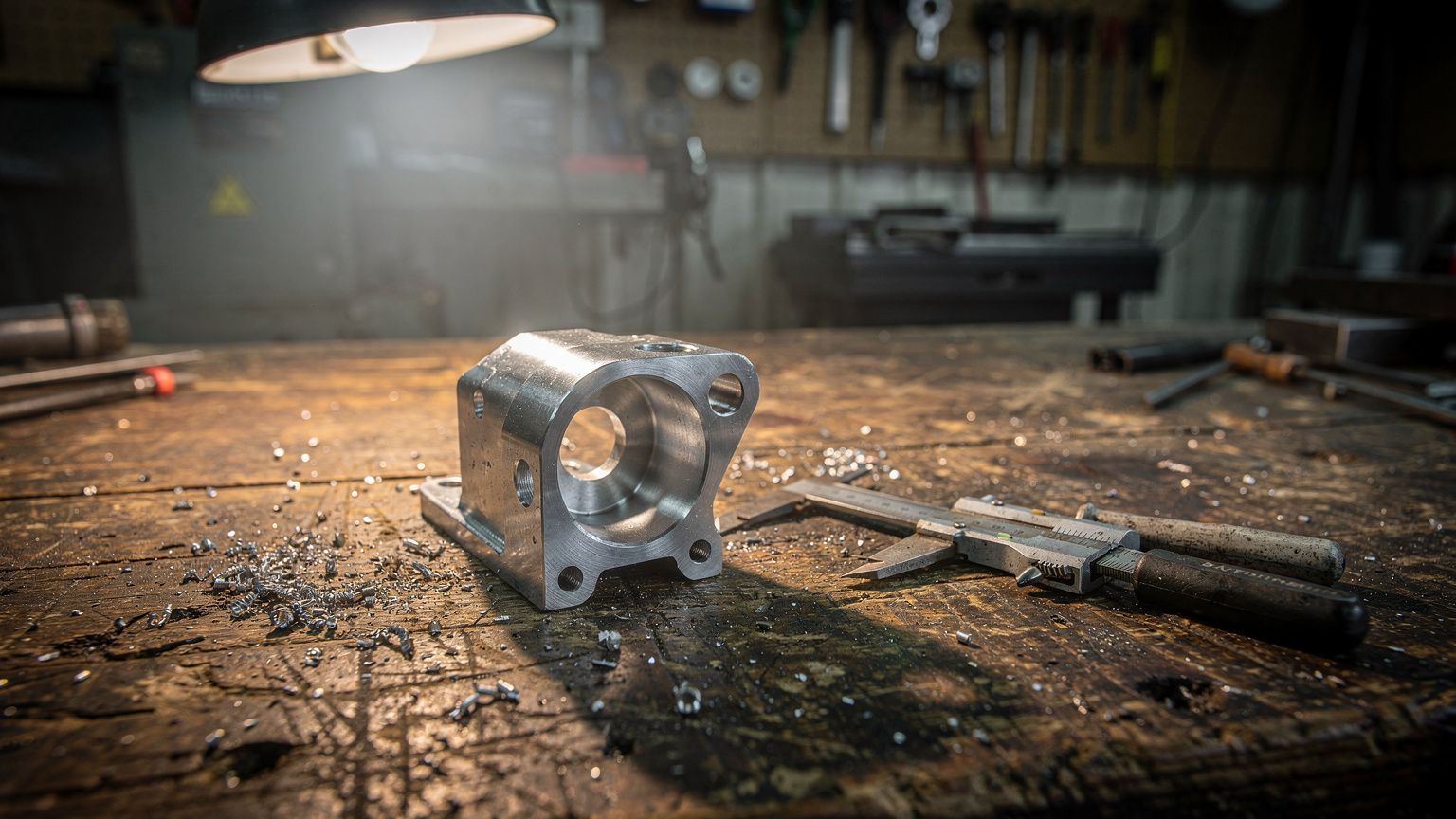 A freshly machined steel motor bracket for an industrial saw resting alone on a scarred wooden factory workbench in Britt, Iowa, metal shavings and a worn caliper beside it, hard raking light from a s