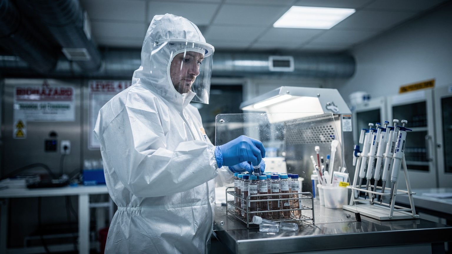 A biosafety technician in a full positive-pressure protective suit works alone at a stainless steel biosafety cabinet, gloved hands manipulating sealed vials of Yersinia pestis samples, the hood's cle