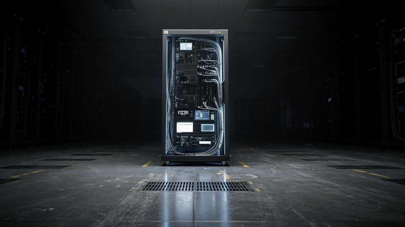 A single glowing AI server rack stands alone in a vast dark data center, its rows of blue-white indicator LEDs and cable bundles casting cold light across the polished concrete floor, no people anywhe