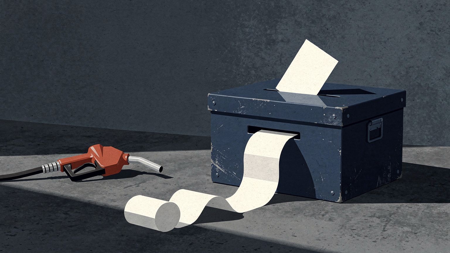 A scuffed deep-blue steel ballot box stands open on a charcoal-gray concrete floor, its slot narrowed by an off-white voter registration card wedged diagonally across the opening, a rust-red gas pump 