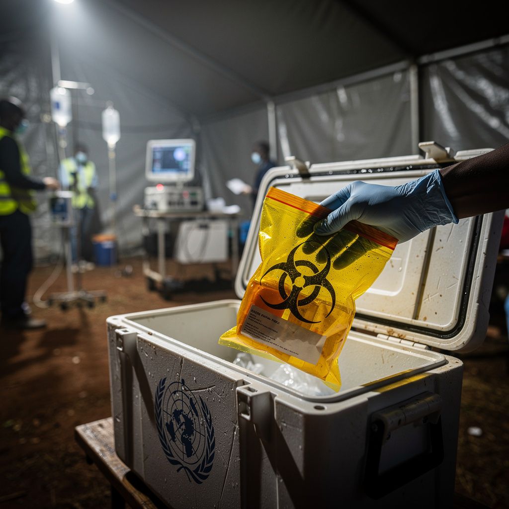 A gloved hand carefully places a biohazard specimen bag into a cooler marked with the WHO logo, set against the backdrop of a bustling, out-of-focus emergency response tent in eastern DRC, lit by hars