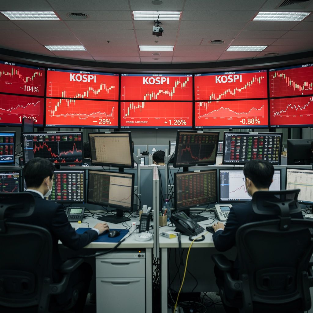 A somber view of the South Korean stock exchange trading floor, with screens displaying falling KOSPI index numbers, traders' hands blurred in the foreground as they react to market shifts, under dim,
