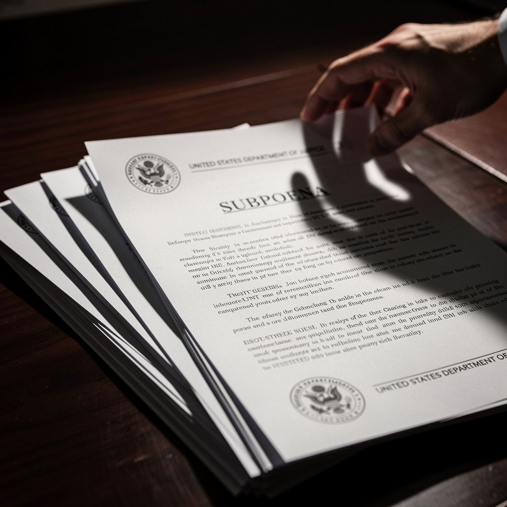 A stack of subpoena documents, some bearing the seal of the Justice Department, lie on a dark, polished wood desk, illuminated by harsh, overhead adversarial lighting that casts long, sharp shadows, w