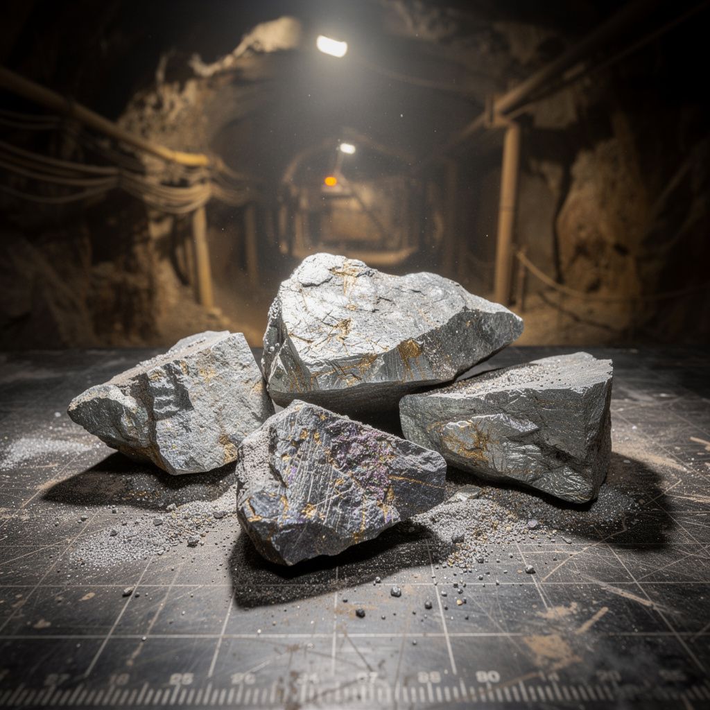 Close-up, low-angle shot of rough, unrefined rare earth ore samples with visible metallic flecks, displayed on a dark, textured geological survey table in a dimly lit Brazilian mine shaft, urgent over