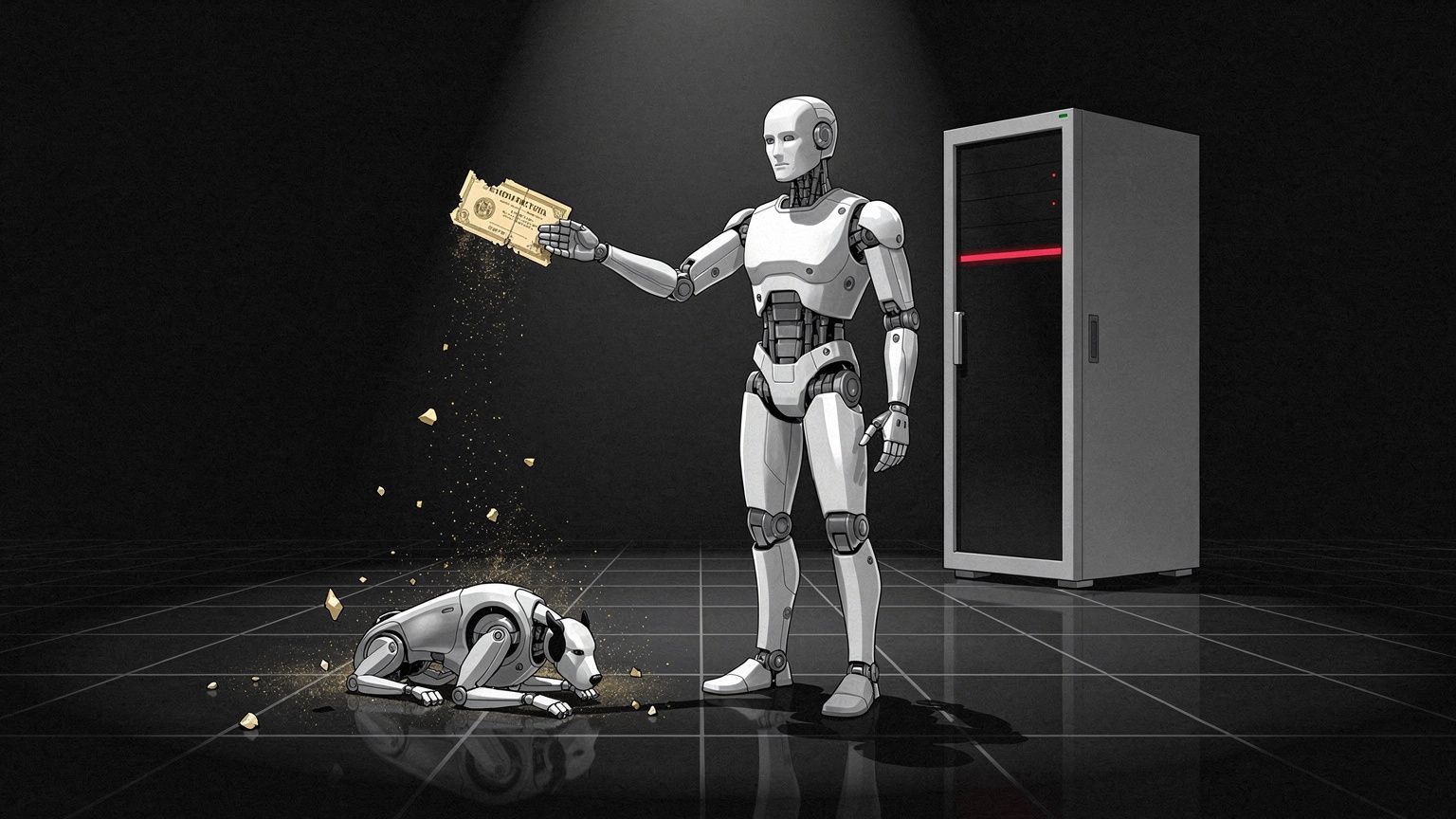 A polished white humanoid robot stands alone on a charcoal-black showroom floor, one arm outstretched, its articulated steel-gray fingers holding a single pale-gold stock certificate that is crumbling