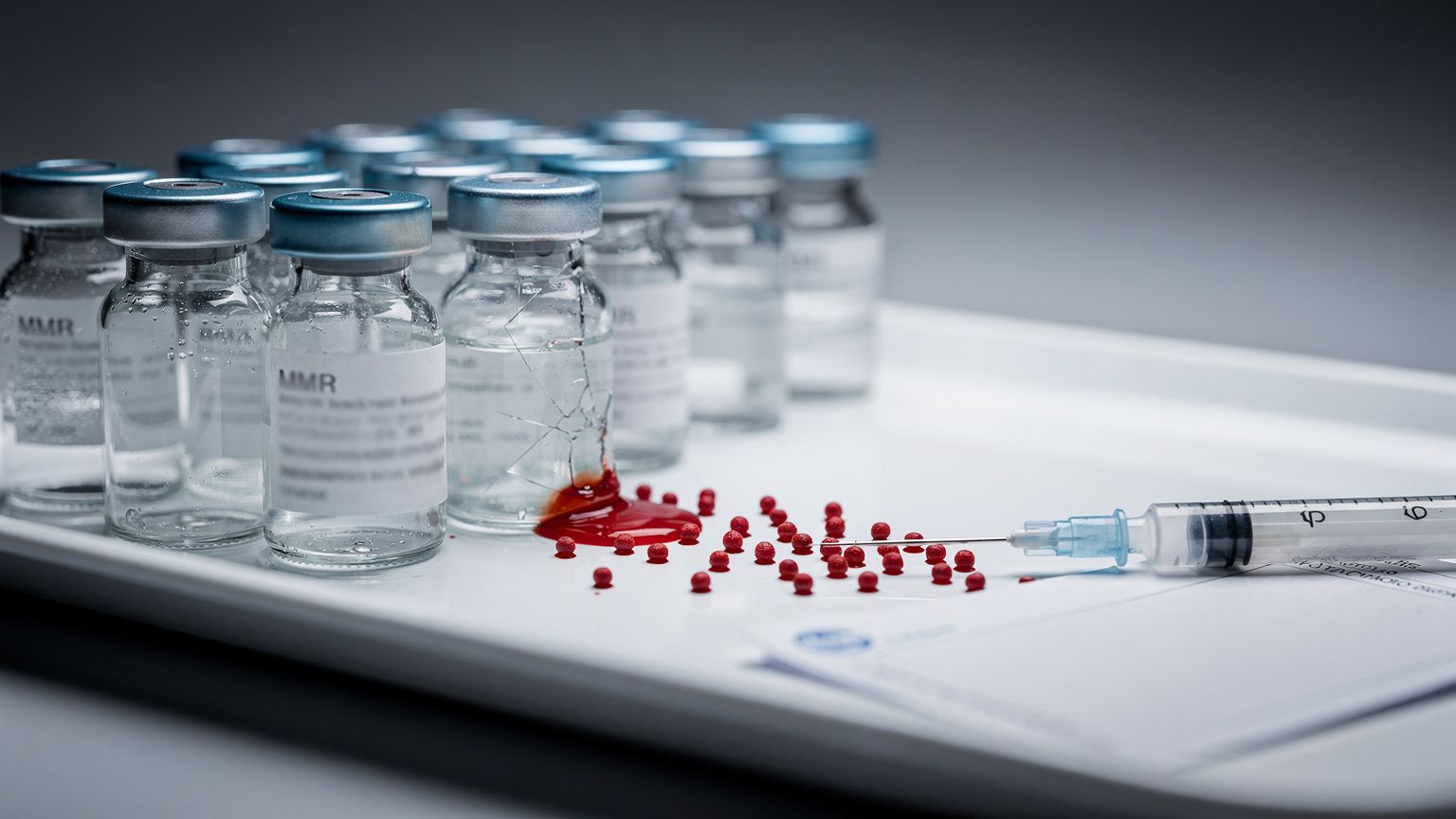 A neat row of small glass MMR vaccine vials with pale steel-blue caps standing upright on a clinical white tray, one vial cracked and tipped on its side, its clear liquid spilling into a spreading sca