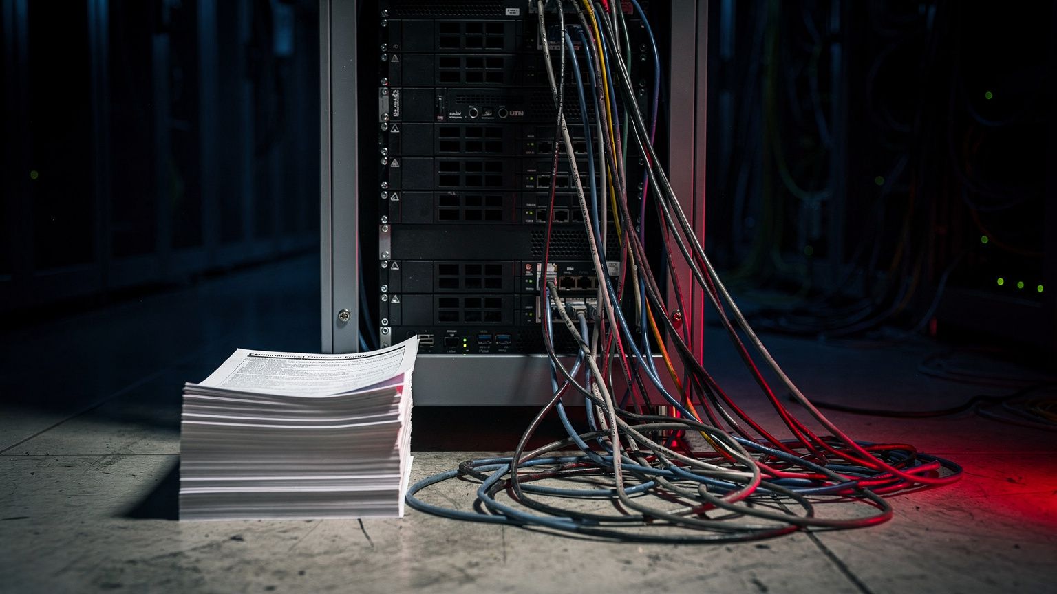 A tall charcoal-grey server rack stands in a dark data-center aisle, every status light dead, its bundled network cables unplugged and dangling loose from the ports to pool on the concrete floor. Besi