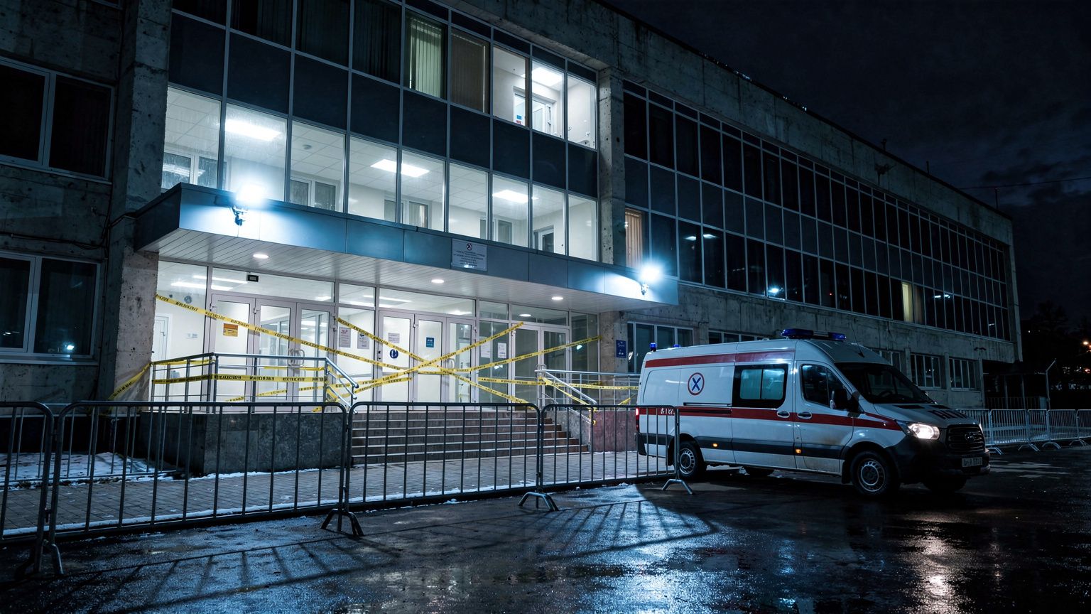 The Irkutsk Anti-Plague Institute hospital wing at night, its entrance sealed with taut yellow quarantine tape and a cordon of steel barriers, a single ambulance parked at the curb under cold blue flo