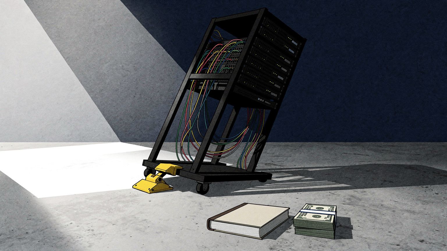 A towering charcoal-black server rack, two storeys tall, leans forward off its base as if about to topple, its steel frame flexing and cables drawn taut; at its foot a small caution-yellow safety brak