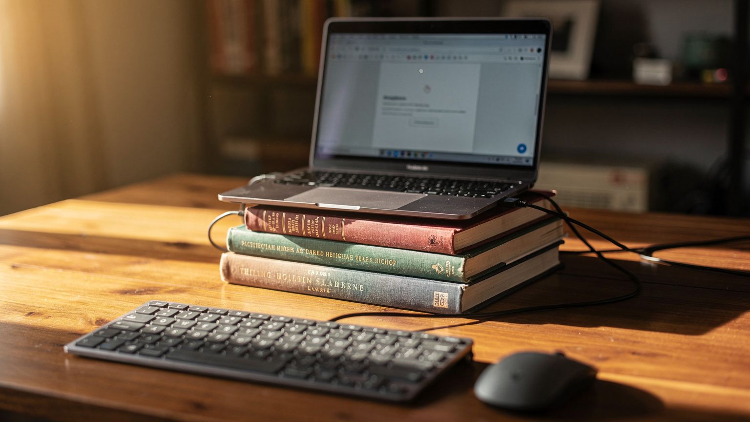 A laptop raised on a stack of hardcover books on a tidy home-office desk, with an external keyboard and mouse positioned below it, the screen glowing softly in a dim room while warm late-afternoon lig