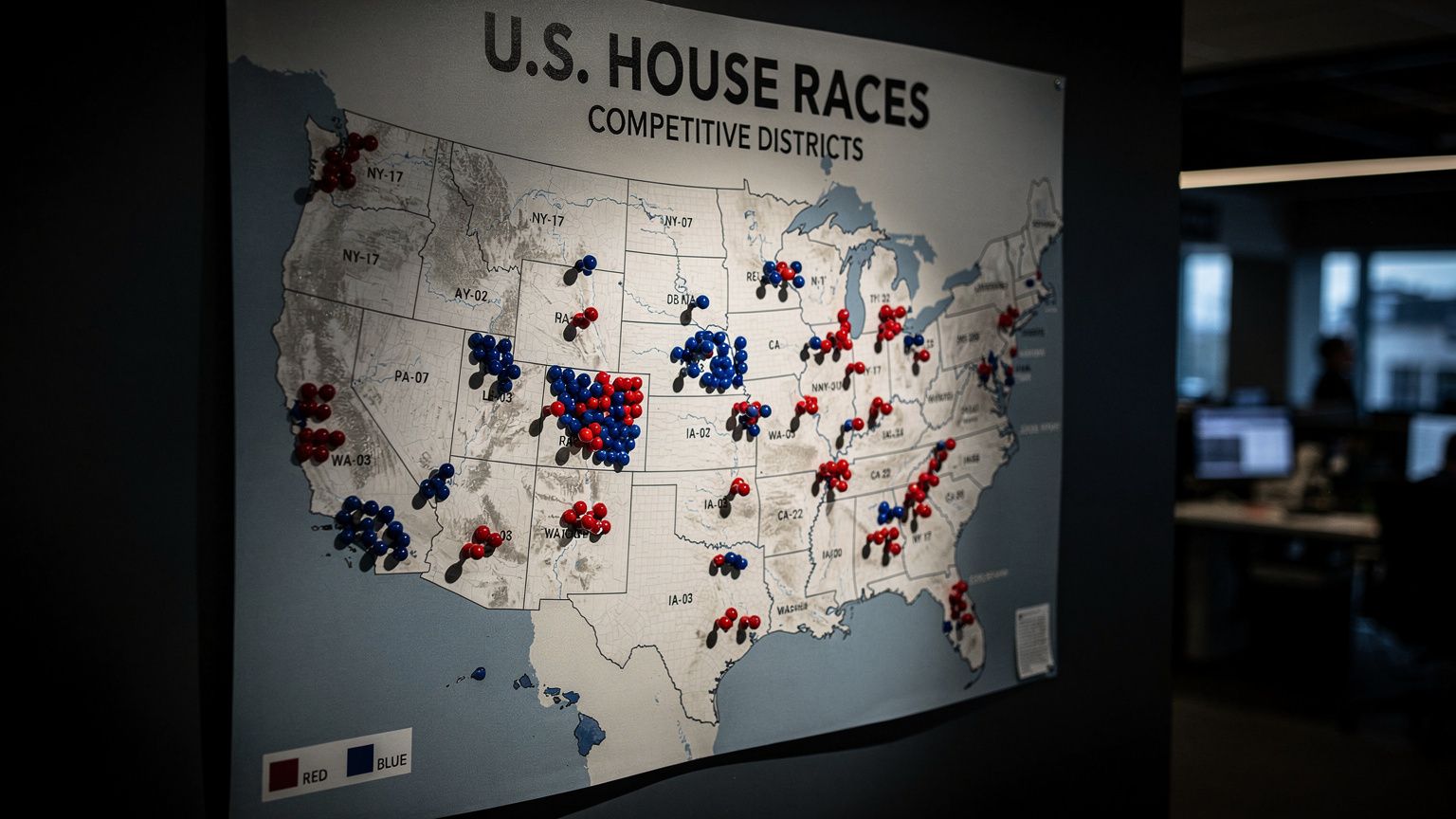 A large wall-mounted U.S. House map glowing on a dark newsroom wall, competitive districts across New York, Pennsylvania, Washington, California and Iowa marked in hot red and deep blue pins, harsh di