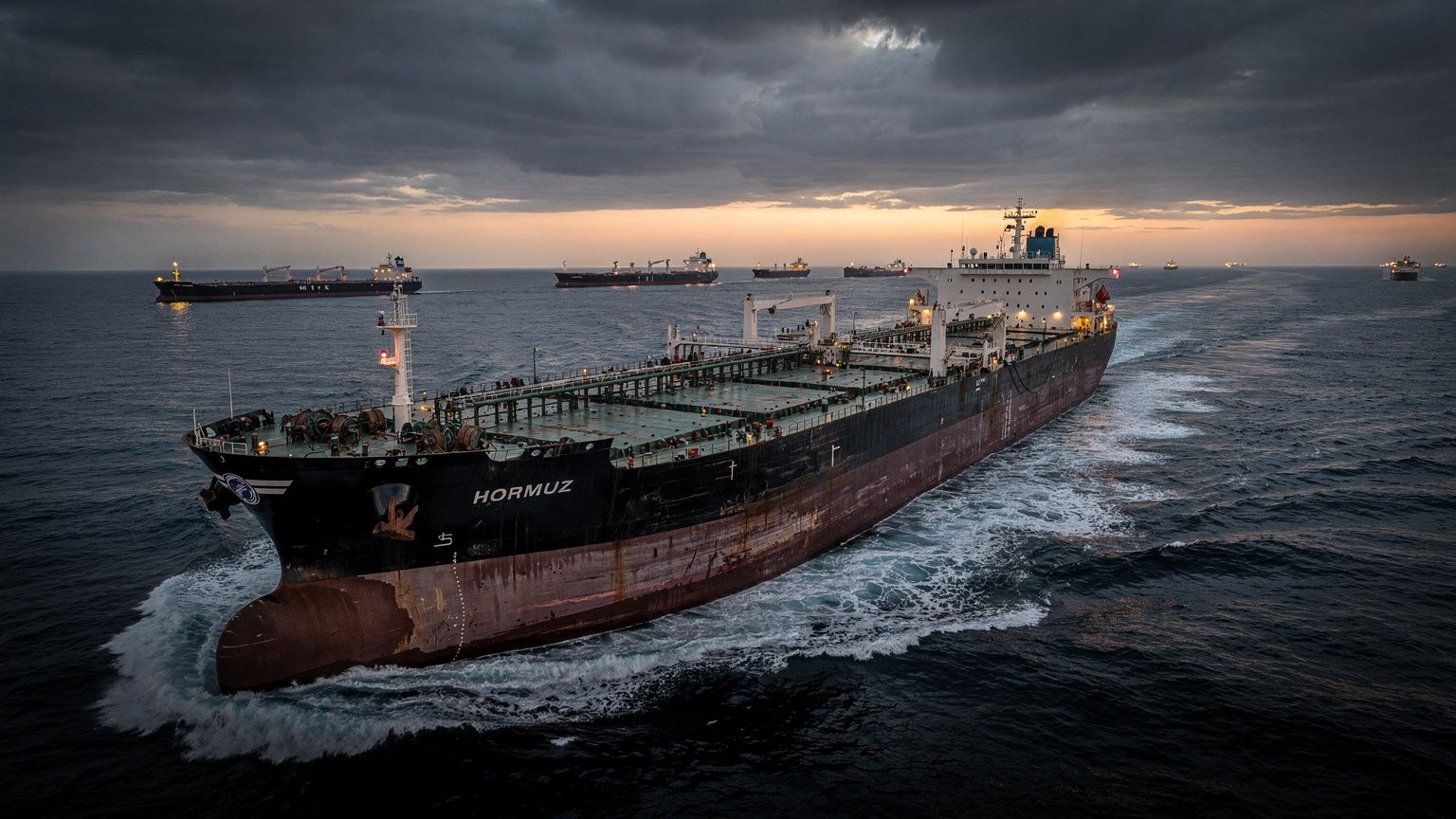 Aerial view of a heavily loaded oil tanker cutting through the Strait of Hormuz at dusk, its hull casting a long shadow over dark water, with a distant line of other tankers and cargo ships stretching