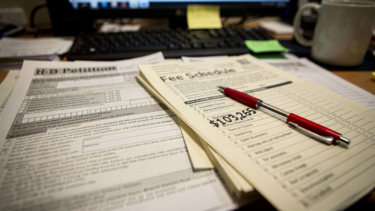 A stack of H-1B visa application forms and a thick fee schedule document lie on a cluttered desk under harsh fluorescent light, a red pen resting atop the papers, the $103,265 fee figure partially vis