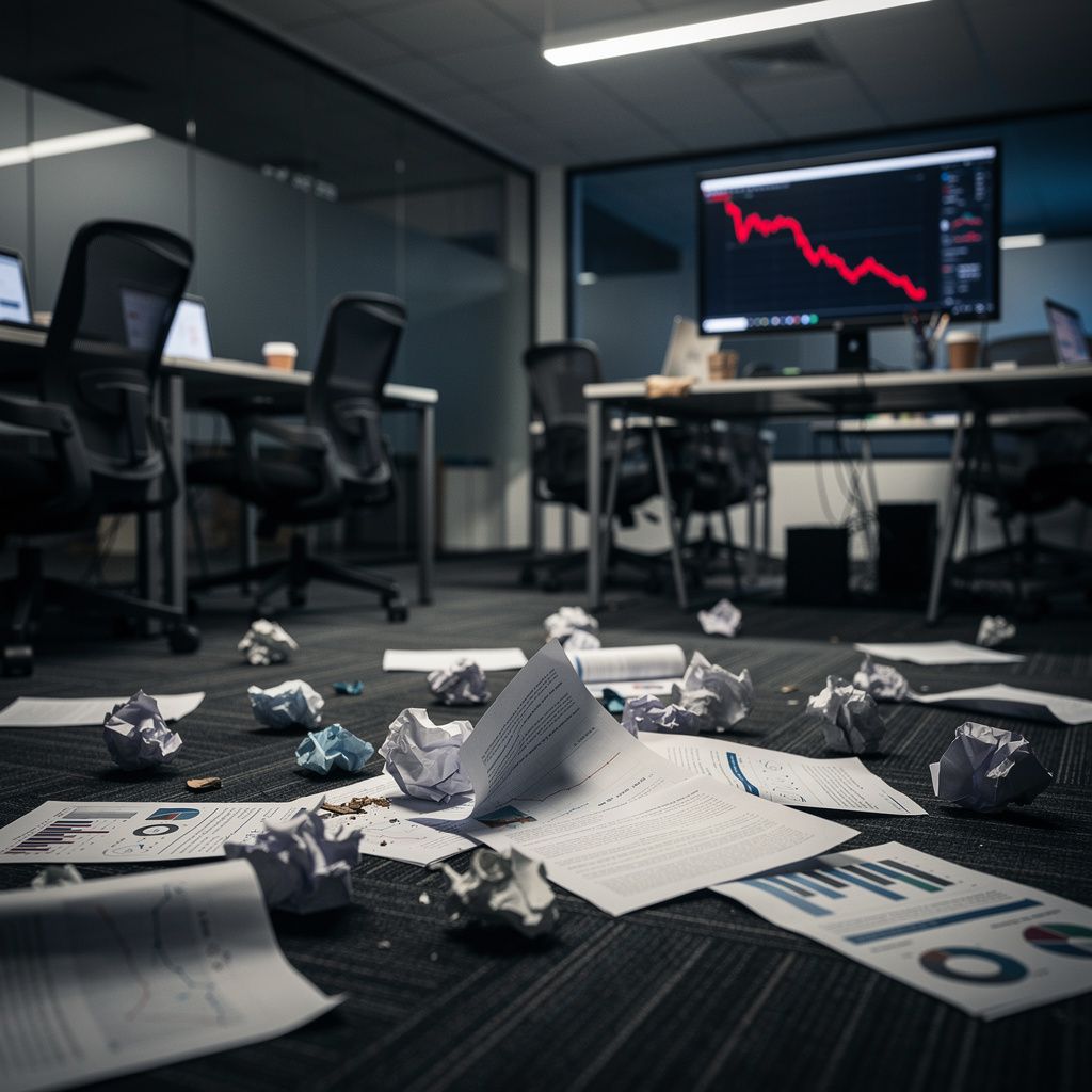 A somber, dimly lit startup office with empty desks and discarded, crumpled business plans scattered across the floor, a single monitor displaying a downward-trending stock graph under stark overhead 