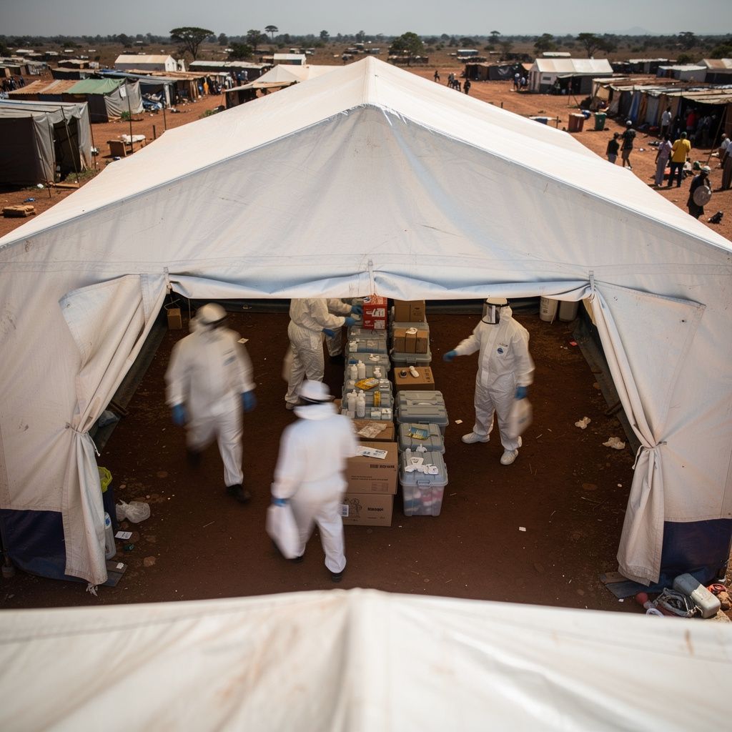 An urgent, overhead shot of a medical tent in the Democratic Republic of Congo, with blurred figures in hazmat suits tending to supplies on a dirt floor, harsh midday sun creating stark shadows, wide-