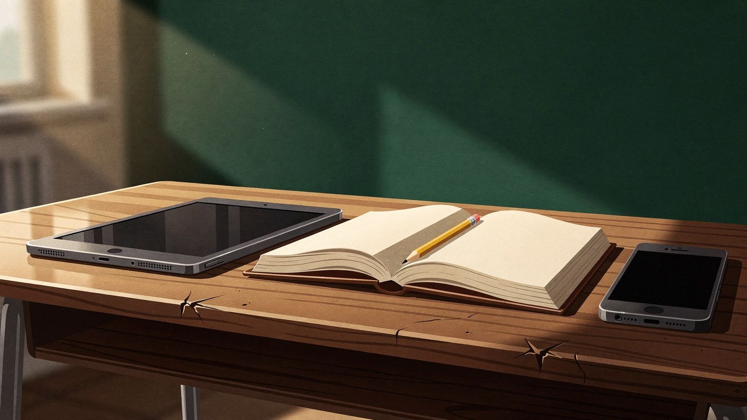 A school-issued slate-grey tablet lies face-down and switched off on a scarred classroom desk, its dark glass reflecting nothing, beside an open hand-bound book with warm cream paper and a sharpened p