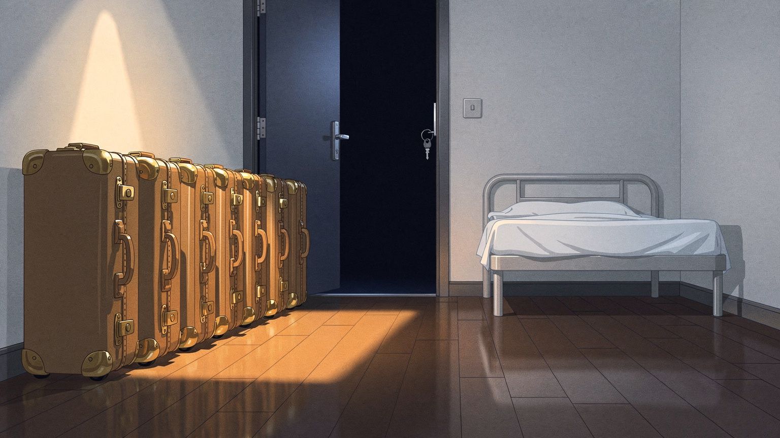 A row of tall, expensively made tan leather suitcases with brass corners stands packed and lined up inside a hallway, facing an open front door with a house key left in its lock, while beside them a p