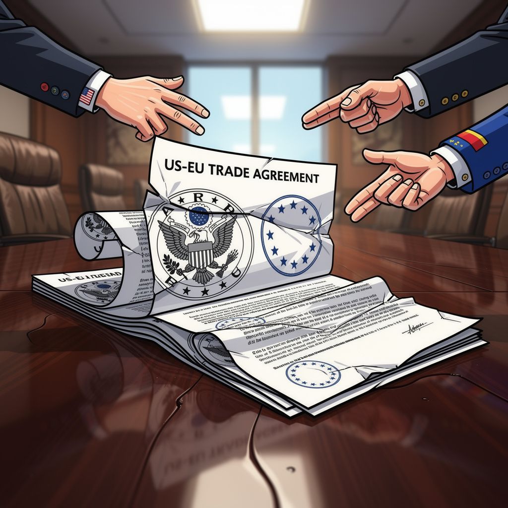 US-EU trade agreement documents, stamped with official seals, are sharply creased and partially unfurled on a dark, polished table, casting harsh shadows under dramatic, adversarial lighting, with blu
