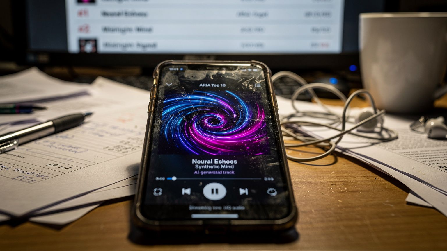 A smartphone lying face-up on a cluttered desk, its screen glowing with a music streaming app displaying an AI-generated track, the album art a surreal abstract swirl, a blurred ARIA chart list faintl