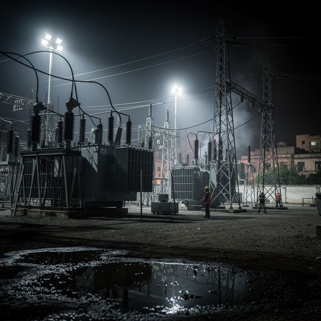 An urgent, wide-angle view of a massive, darkened power transformer station in Havana, Cuba, with emergency floodlights casting harsh, dramatic shadows across the complex infrastructure, hinting at th