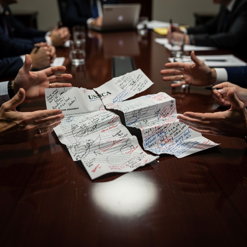 A torn and heavily annotated USMCA trade agreement document lies on a polished mahogany table, casting long, contentious shadows under stark overhead lighting, with blurry, out-of-focus hands gesturin